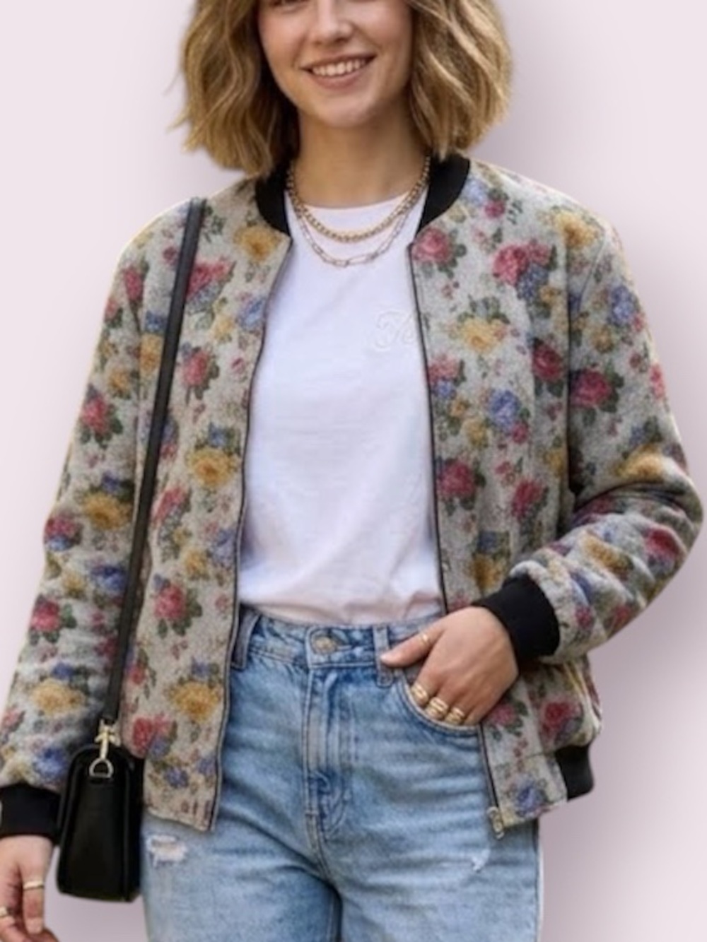 Reclaimed Vintage Floral Bomber Jacket Gray Red Blue Yellow Roses Size Medium